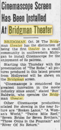 Bridgman Theatre - Oct 26 1954 Article